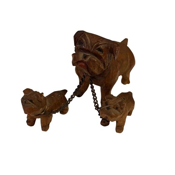Vtg 40s 50s Chained Bulldog Figurines Wood Carved Knick Knacks Mini Mama Puppies - Picture 9 of 10